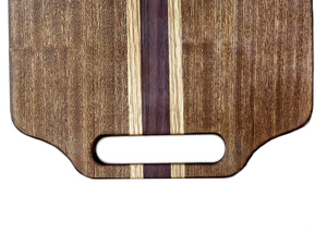 This stunning 11" x 18" cutting board is made of Sapele wood accented with Purpleheart and Red oak wood for a unique, eye-catching look. Its handles provide a comfortable grip for easy lifting, making it the perfect addition to any kitchen.