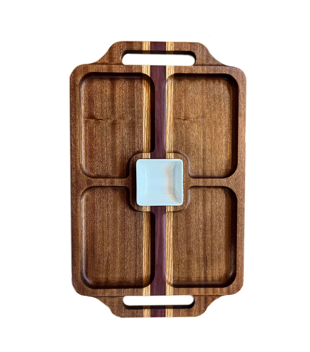 This snack tray is a perfect addition to any kitchen for easy entertaining. Its striking wood grain gives it a luxurious look that adds a touch of elegance to any occasion. Plus, it's built to last with durable construction and a classic style that won't go out of fashion. Enjoy your snacks with style! Thomas Fine Woodworks, Aaron Thomas