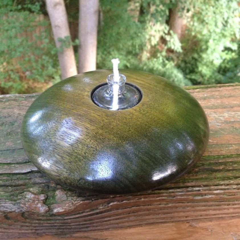 Handmade, Black Walnut Wood Oil Lamp Blue/Green/Yellow Refillable Hand Blown Glass Reservoir